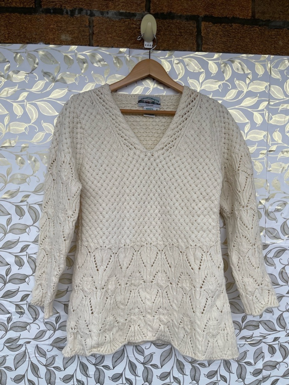 Aran Crafts Ireland 100% Merino Wool Lattice Lace V-Neck Sweater Cream XS